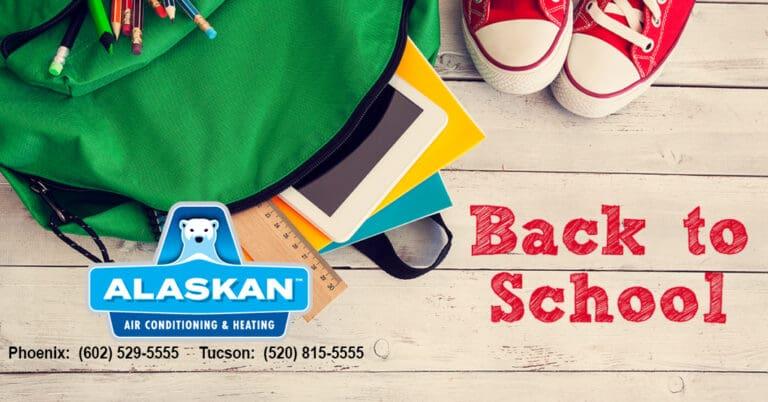 backpack and shoes on floor with text in red "back to school"