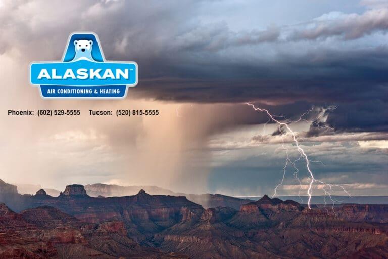 Lightning Strike over the desert with Alaskan AC logo and contact info