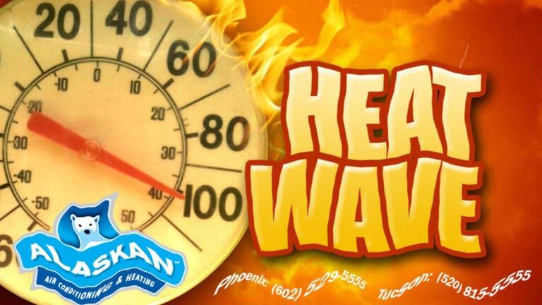 Heat wave and thermometer at 100 degrees, entire image warped as if hot, with Alaskan AC logo and contact info underneath, but not really legible