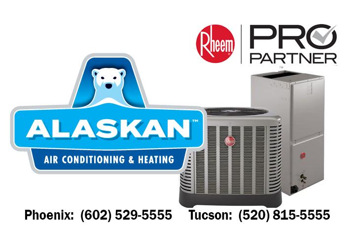 Alaskan Air Conditioning and Heating logo over Rheem system with Rheem Pro Partner logo and contact phone numbers