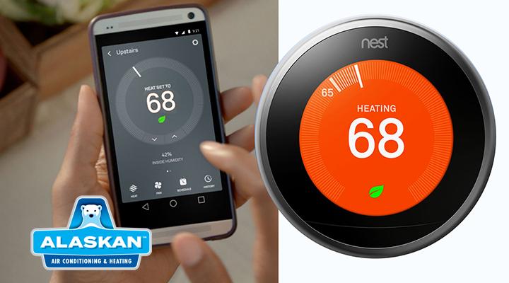 Nest thermostat and image of Nest app on cell phone with Alaskan Air Conditioning and Heating logo