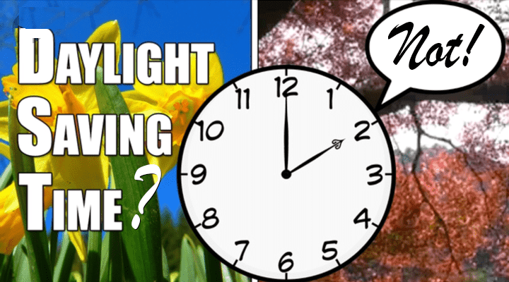 Daylight savings time with spring and fall images next to each other, clock overlay