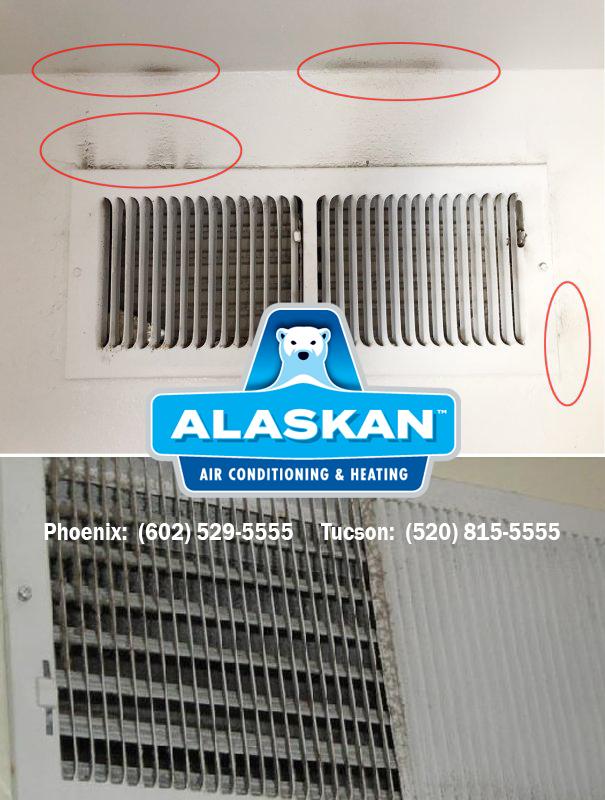 dirty vents and walls around vents with Alaskan Air Conditioning and Heating logo and contact phone numbers