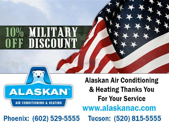 10% off military discount with american flag and Alaskan Air Conditioning and Heating logo and contact phone numbers