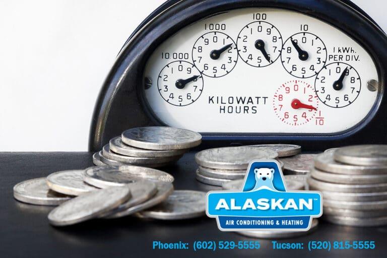 Natural Gas gauge with coins in front with Alaskan Air Conditioning and Heating logo and contact phone numbers