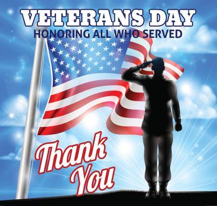 Veterans Day image with saluting solider and american flag "thank you"