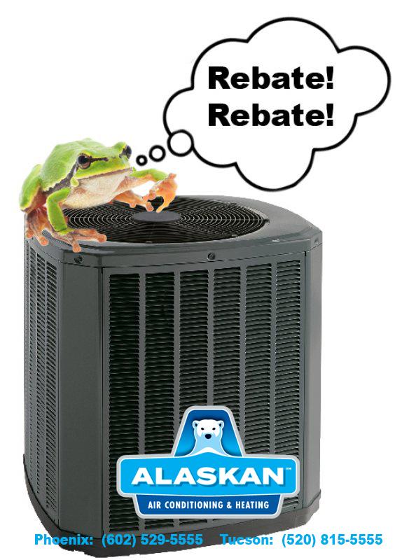 Frog on top of AC unit (not proportional) with thought bubble "rebate! rebate" and Alaskan Air Conditioning and Heating logo and contact phone numbers