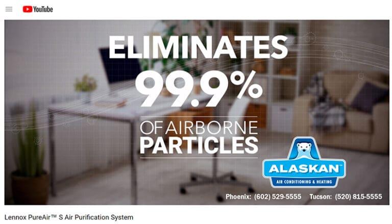 image of room overlaid with white text "eleminates 99.9% of airborne particles" with Alaskan Air Conditioning and Heating logo and contact phone numbers in bottom right corner