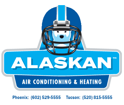 Alaskan Air Conditioning and Heating logo and contact phone numbers, polar bear in logo wearing blue football helmet