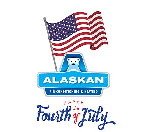 Happy Fourth of July with Alaskan Air Conditioning and Heating logo and American flag