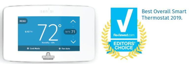 mockup of Sensi digital thermostat with editors choice award from reviewed.com - best overall smart thermostat 2019