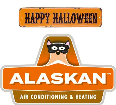 Happy Halloween logo with Alaskan AC logo in fall colors, bear wearing robber mask