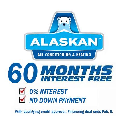 Alaskan logo with offer of 60 months interest free, 0% down, no down payment offer from January 2020