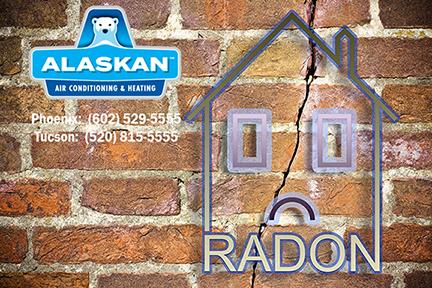 House drawing with windows as eyes and sad face with the word "radon" below, Alaskan Air Conditioning and Heating logo and contact phone numbers in top left quadrant