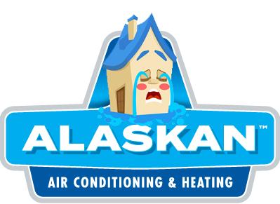 Alaskan Air Conditioning and Heating logo but polar bear has been replaced by a crying cartoon house