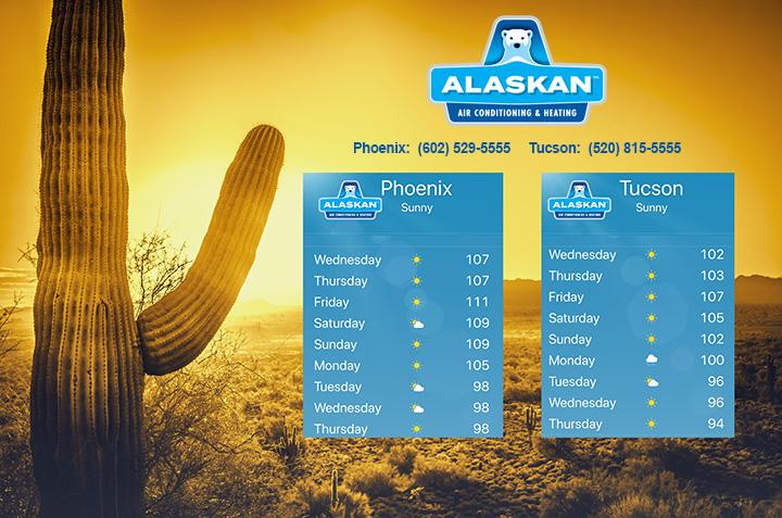 Phoenix and Tuscon forecasts in high 90s-111 with desert image in background Alaskan Air Conditioning and Heating logo and contact phone numbers across top center