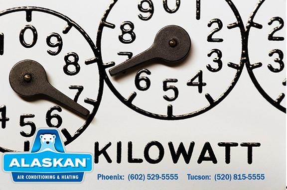 gauges showing Kilowatt usage with Alaskan Air Conditioning and Heating logo and contact phone numbers across bottom