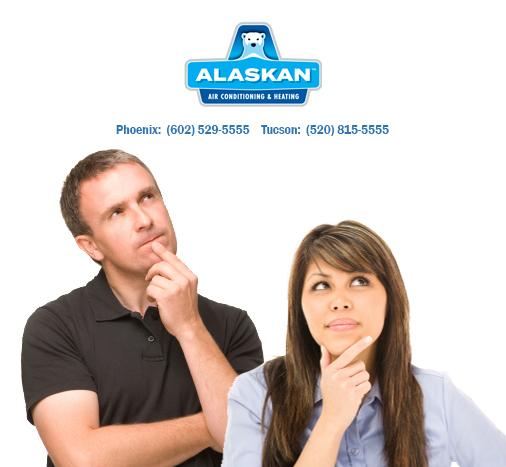 Two people, both with fingers on chins looking up at Alaskan Air Conditioning and Heating logo and contact phone numbers