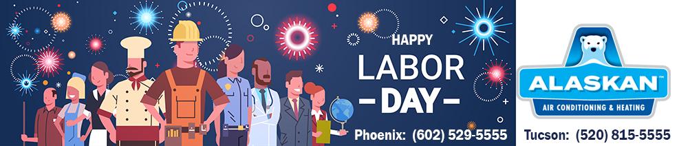 Happy Labor Day cartoon of people in various occupations with Alaskan Air Conditioning and Heating logo and contact phone numbers on right side
